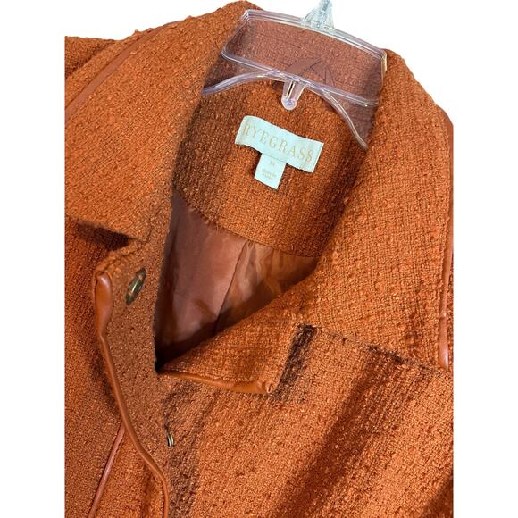 Rye Grass Tweed W/Faux Leather Trim Blazer Rust Bell Sleeves M - Picture 2 of 5
